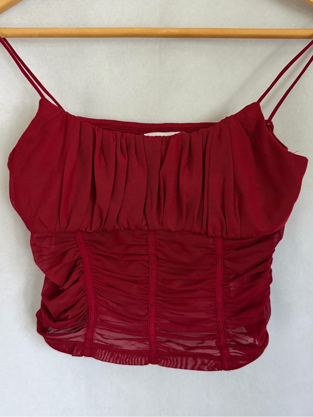 Princess Polly Camisole Womens 4 Red Mesh Ruched Spaghetti Strap Crop Tank Top